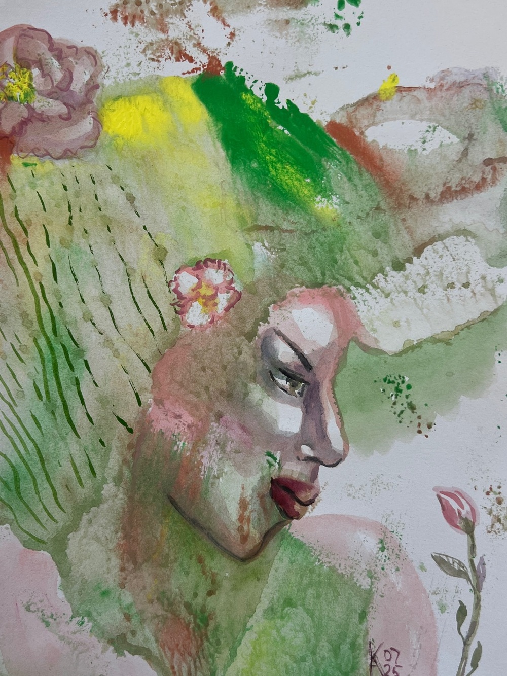 Hand-Painted Green and Pink Portrait Watercolor Print - Brand